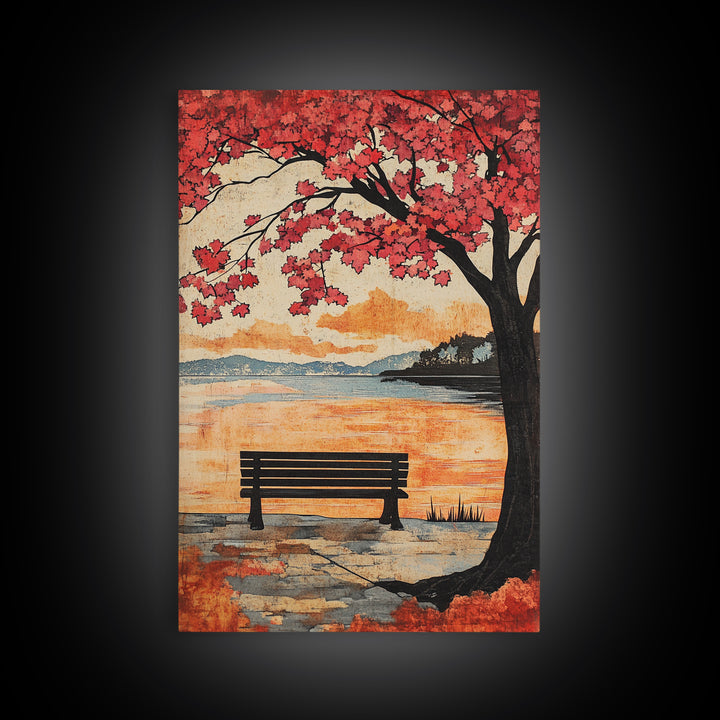 Red Maple Tree Bench By Quiet Lake Wall Art, Japanese Garden Print, Autumn Sunset Decor, Serene Living Room Wall Decor, Housewarming Gift