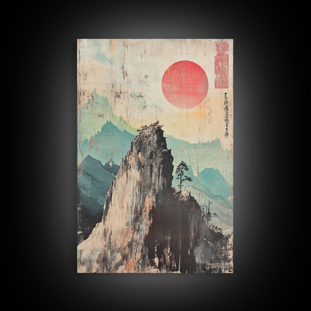Misty Mountain Peak With Red Sun Wall Art, Japanese Landscape Print, Zen Home Decor, Calm Office Decor, Nature Wall Art Print