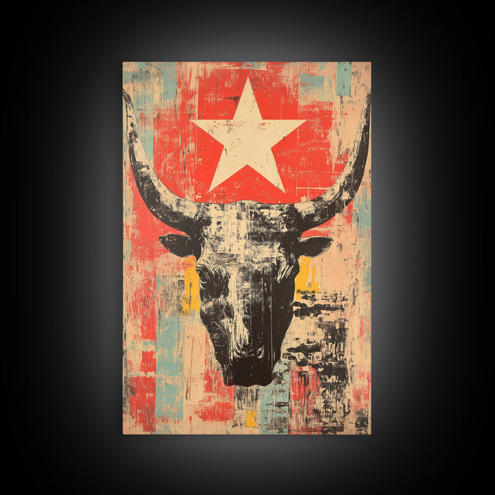 Longhorn Skull With White Star Canvas Print, Western Wall Art, Southwestern Decor, Rustic Ranch Art, Bold Living Room Decor