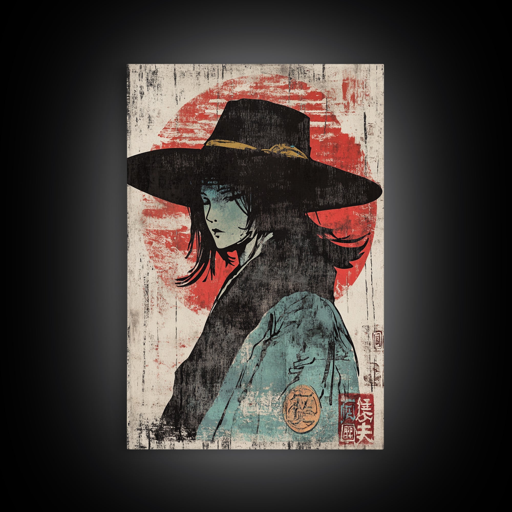 Mysterious Woman In Wide Black Hat Wall Art, Japanese Portrait Print, Anime Style Decor, Moody Wall Decor, Gift For Her, Home Decor
