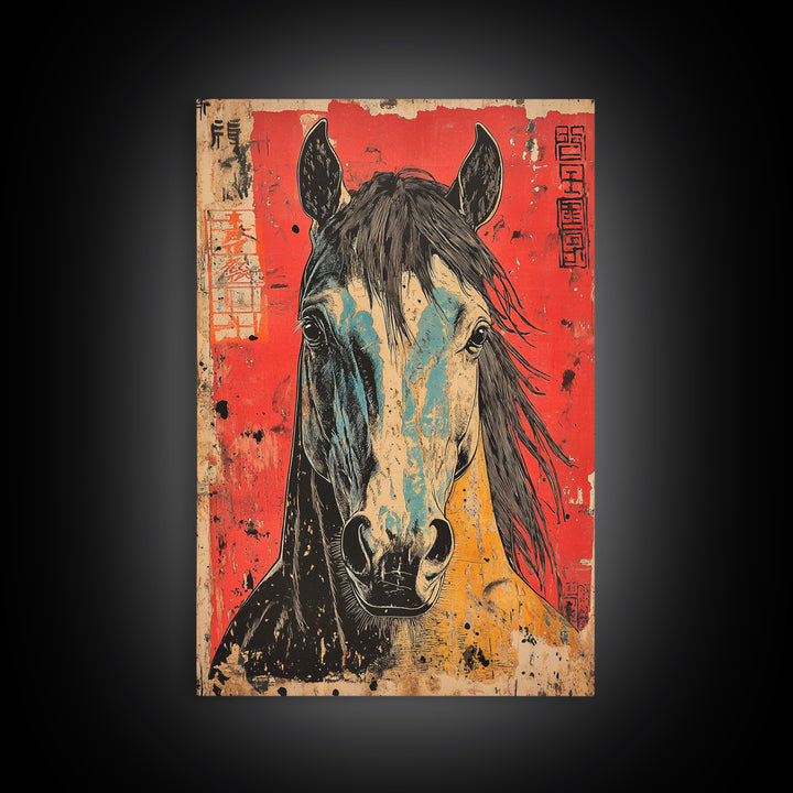 Expressive Horse Portrait On Red Canvas Print, Western Equestrian Wall Art, Rustic Ranch Decor, Horse Lover Gift, Living Room Decor
