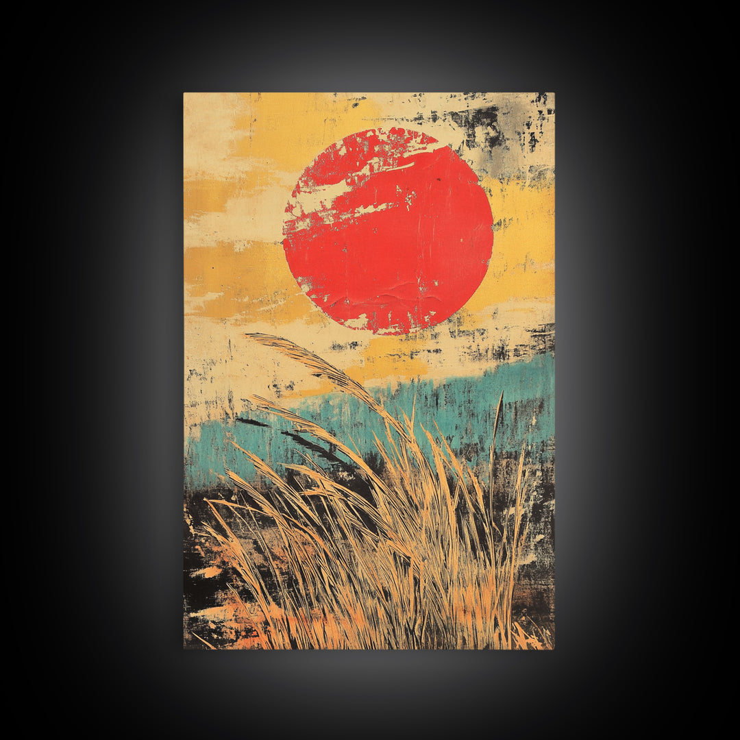 Red Sun Over Golden Reeds Canvas Print, Japanese Landscape Poster, Japandi Wall Decor, Boho Asian Inspired Home Decor, Art Print