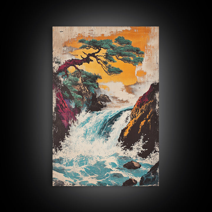 Pine Tree Waterfall Mountain Framed Canvas Print, Japanese Landscape Art, Nature Wall Decor, Serene Asian Home Decor, Living Room Art