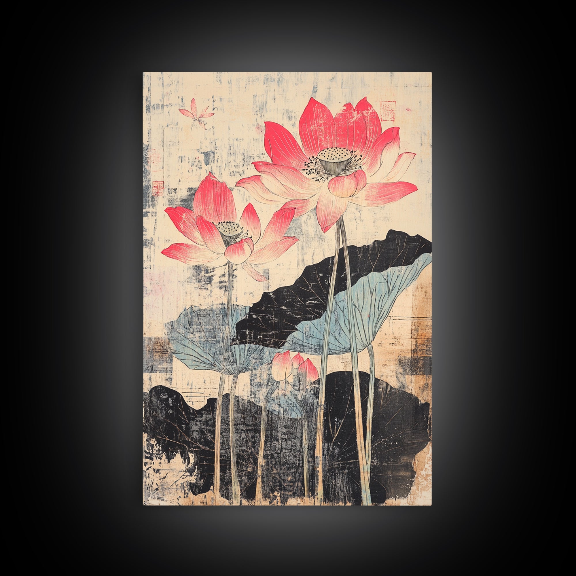 Pink Lotus Flowers With Ink Leaves Wall Art, Botanical Japanese Print, Asian Inspired Decor, Feminine Bedroom Wall Decor