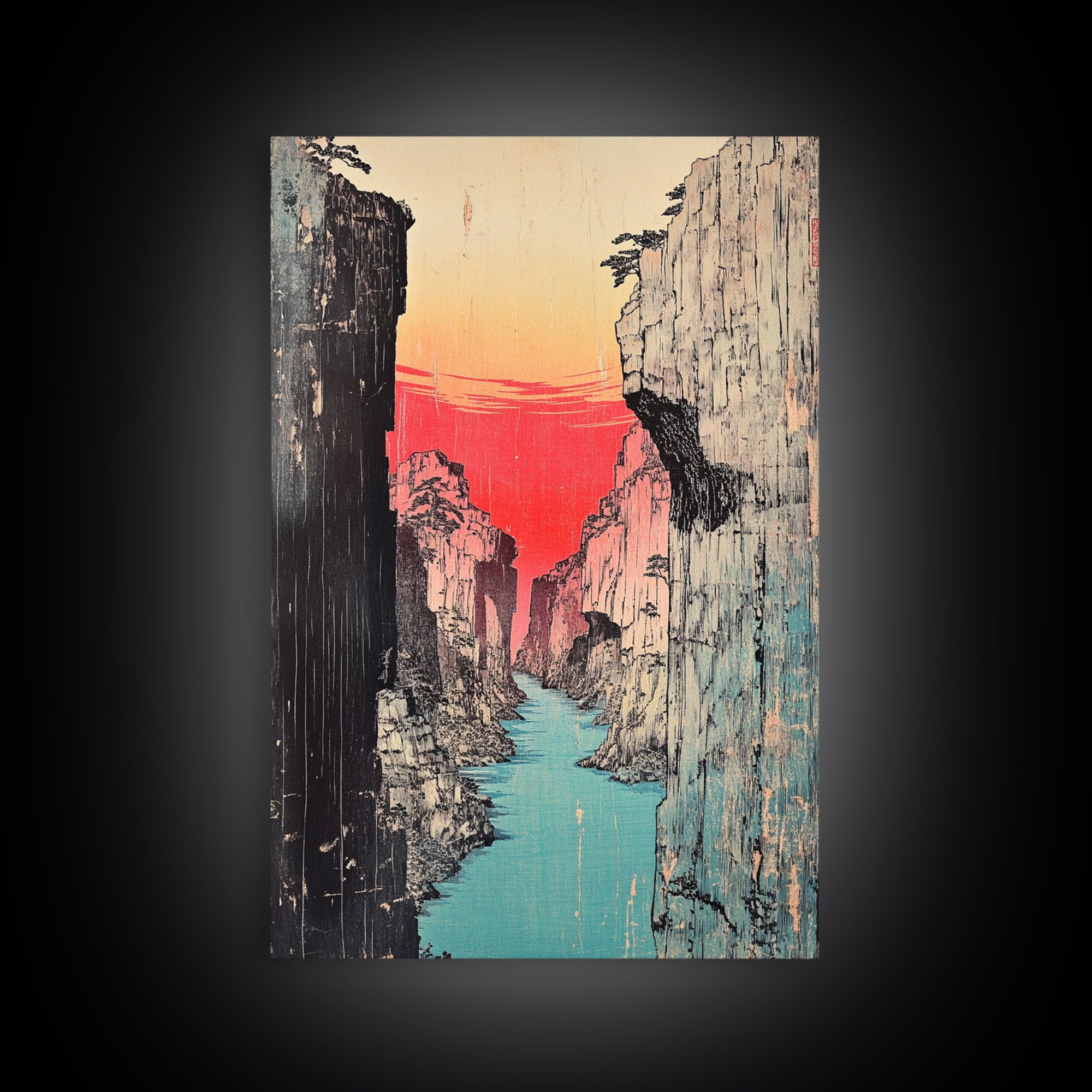 Red Sunset Canyon River Canvas Print, Japanese Gorge Landscape, Dramatic Nature Wall Decor, Asian Inspired Office Art, Home Decor