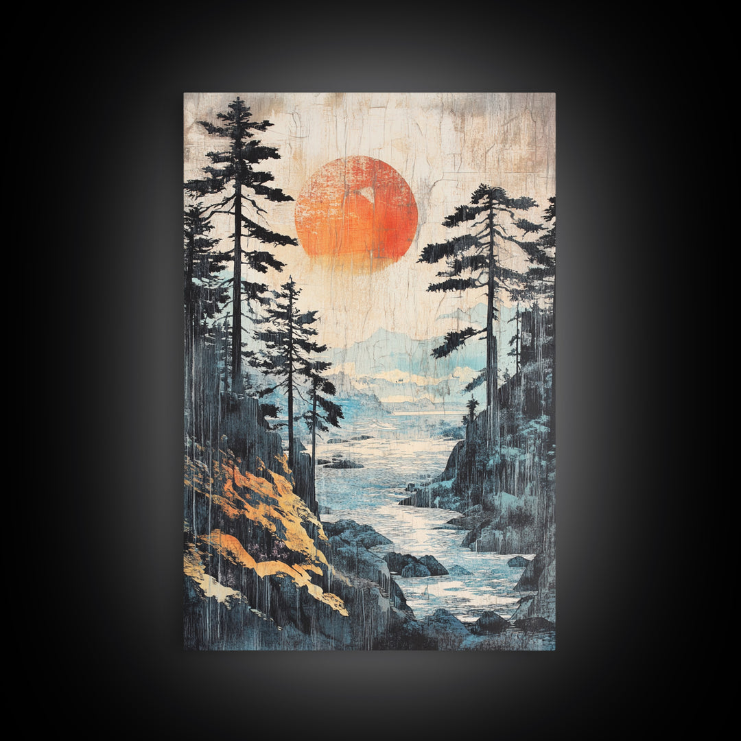 Red Sun Forest River Wall Art, Japanese Mountain Landscape Print, Nature Wall Decor, Large Framed Canvas Print For Living Room Decor