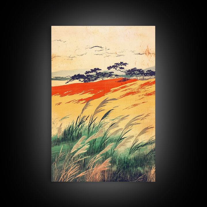Golden Meadow Grasses And Coastal Hills Wall Art, Rustic Country Landscape Print, Farmhouse Decor, Warm Nature Canvas Print