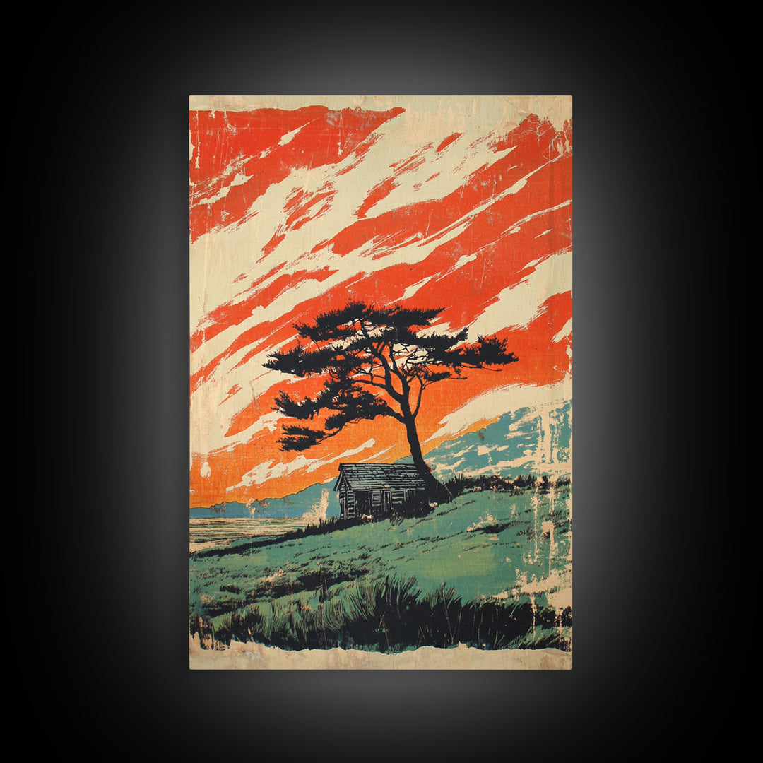 Lone Tree Cabin And Orange Mountain Sky Wall Art, Rustic Landscape Print, Western Home Decor, Statement Framed Canvas Print