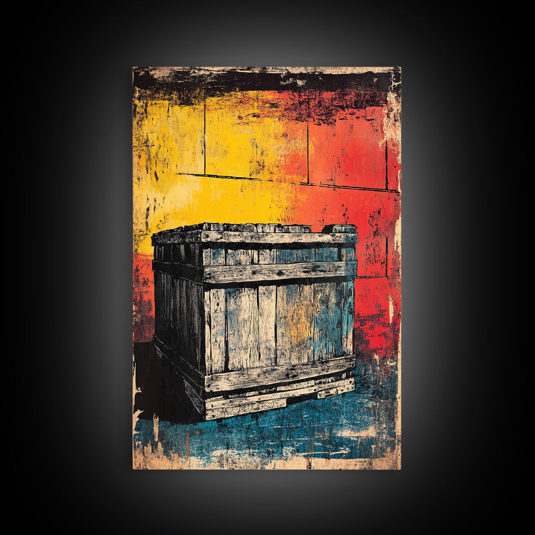 Weathered Wooden Crate Still Life Wall Art, Rustic Industrial Decor, Farmhouse Kitchen Print, Bold Color Canvas Print, Housewarming Gift