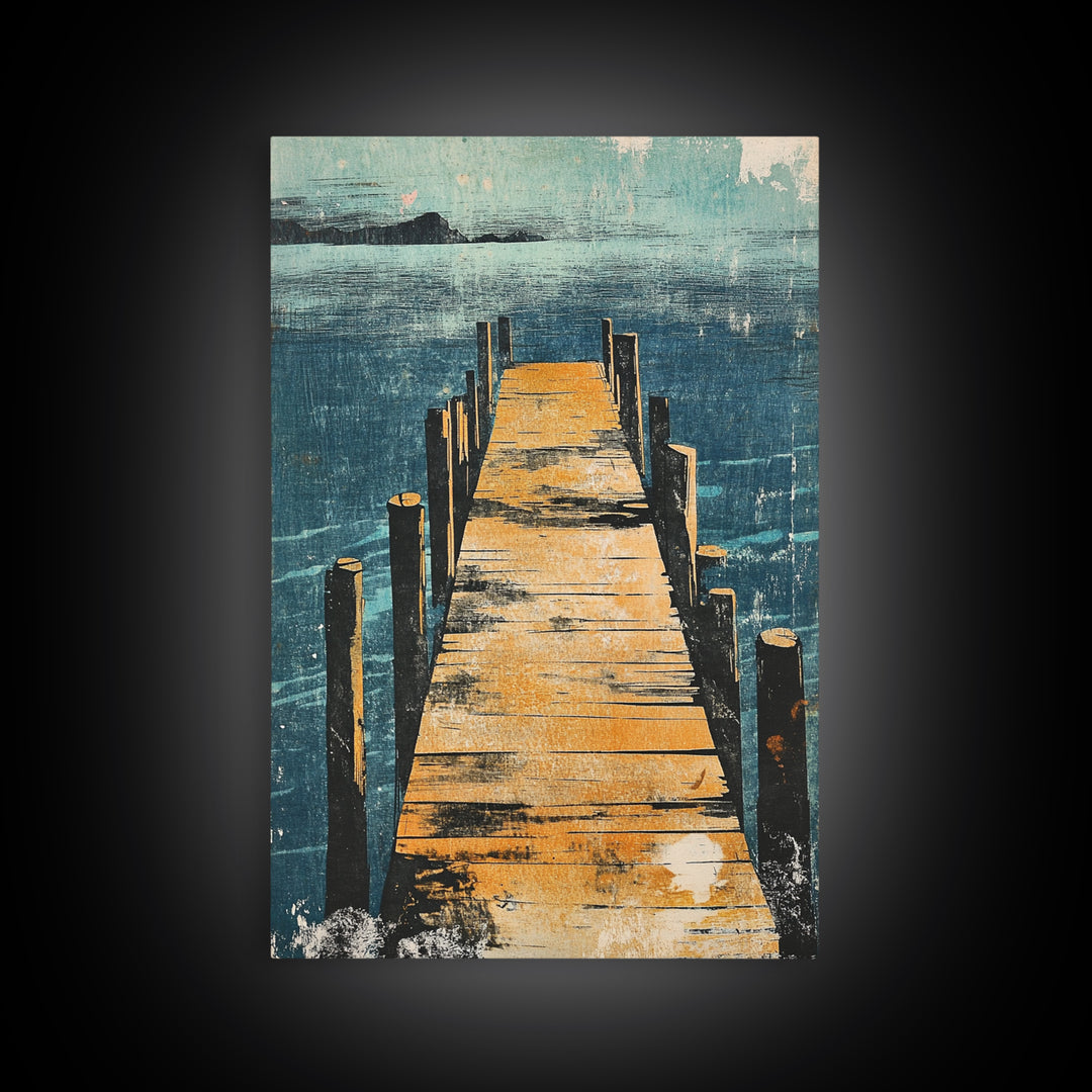 Wooden Dock Over Blue Lake Wall Art, Coastal Pier Landscape Print, Lake House Decor, Nautical Framed Canvas Print, Living Room Decor