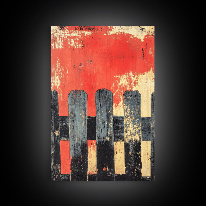 Black Picket Fence On Red Background Wall Art, Rustic Abstract Print, Farmhouse Wall Decor, Modern Canvas Print, Bold Home Decor