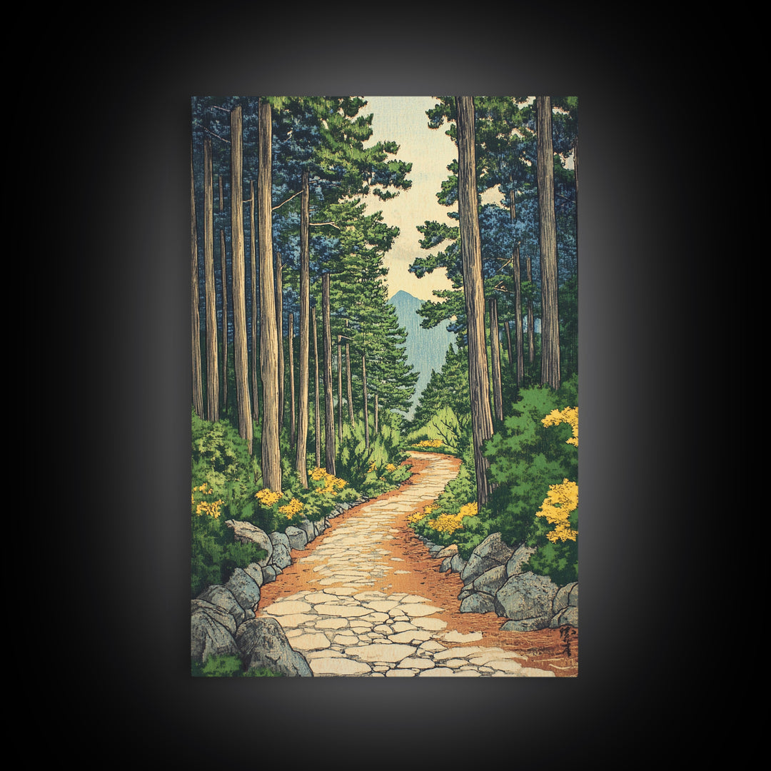 Pine Forest Path With Yellow Flowers Wall Art, Nature Landscape Print, Cabin Decor, Peaceful Framed Canvas Print, Living Room Decor