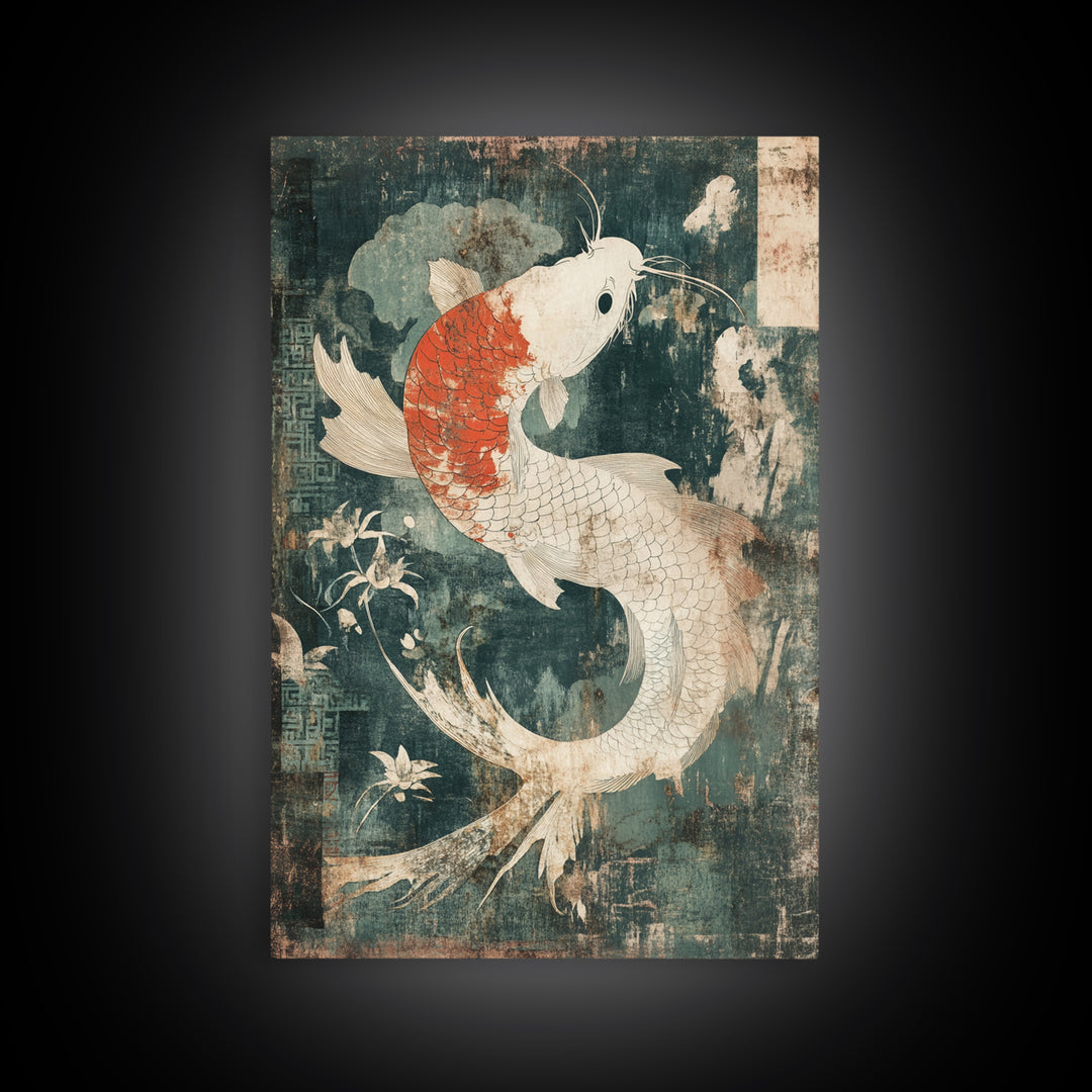 White And Orange Koi Fish Framed Canvas Print, Japanese Wall Art, Zen Home Decor, Asian Inspired Living Room Decor, Koi Wall Decor