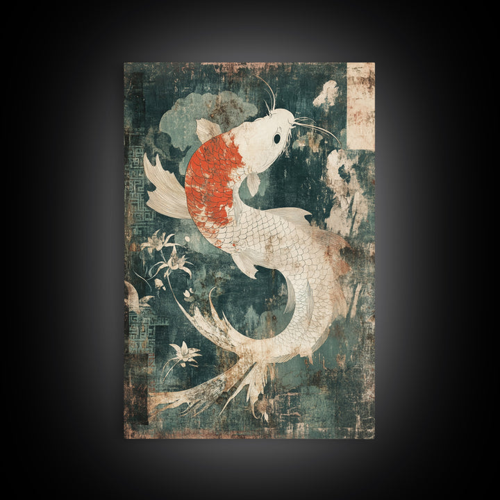 White And Orange Koi Fish Framed Canvas Print, Japanese Wall Art, Zen Home Decor, Asian Inspired Living Room Decor, Koi Wall Decor