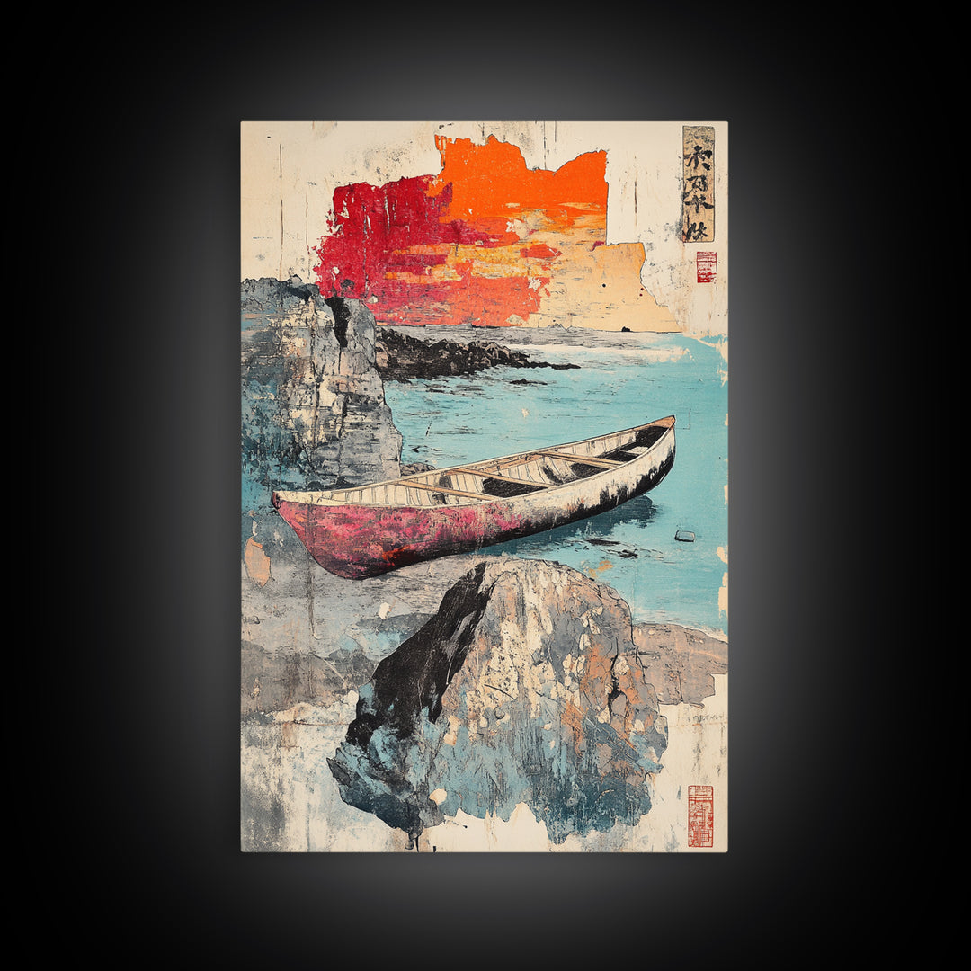 Weathered Canoe And Sea Cliffs Wall Art, Japanese Coastal Print, Ocean Landscape Decor, Nautical Living Room Wall Art, Home Decor