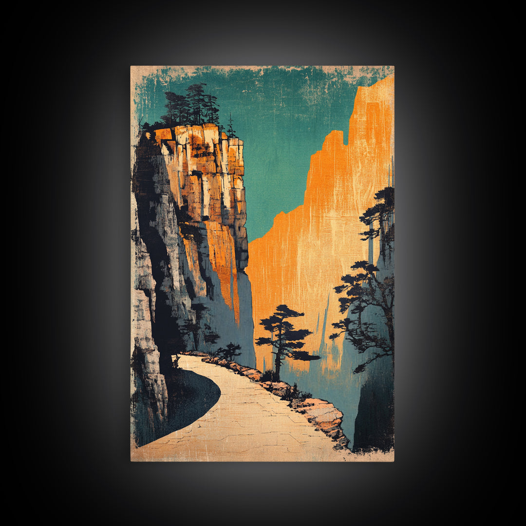 Golden Mountain Path Framed Canvas Print, Japanese Landscape Wall Art, Japandi Decor, Nature Wall Art, Entryway Wall Decor