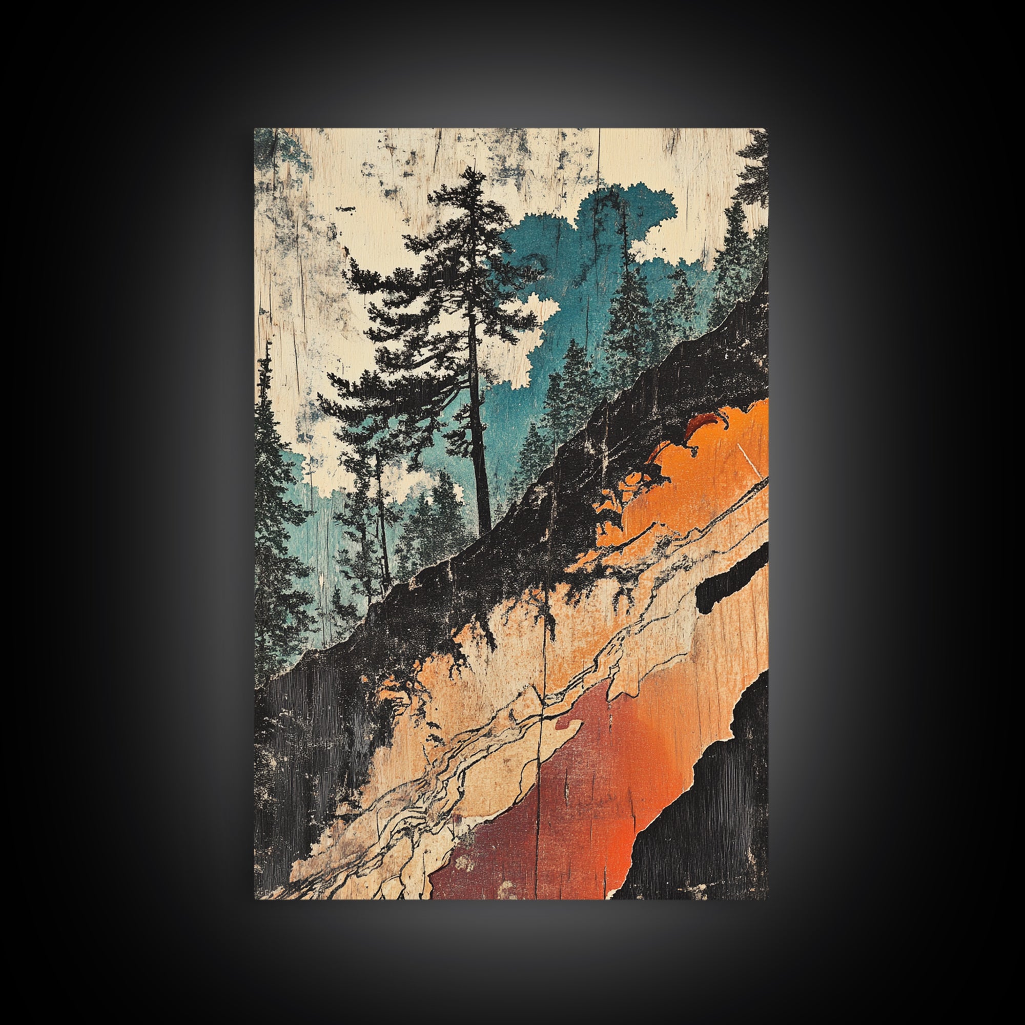 Teal Forest Cliff Abstract Landscape Wall Art, Japanese Woodblock Canvas Print, Rustic Nature Decor, Modern Living Room Decor
