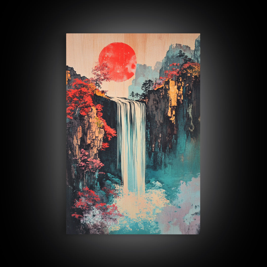Red Sun Waterfall Mountain Landscape Wall Art, Japanese Woodblock Print Style, Teal Coastal Decor, Zen Living Room Art Print
