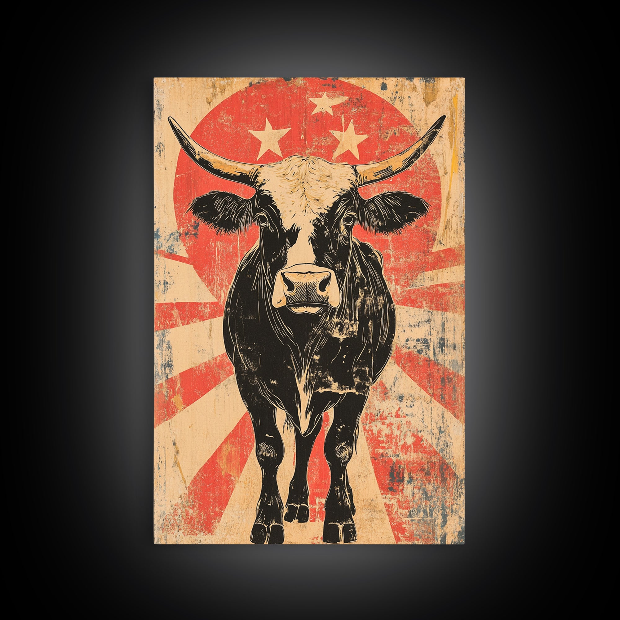 Black Longhorn Bull Retro Western Wall Art, Rustic Farmhouse Cowboy Canvas Print, Bold Animal Print, Man Cave Home Decor, Gift For Him