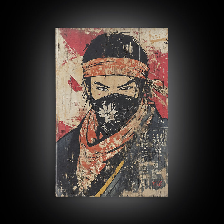 Masked Samurai Warrior Portrait Wall Art, Japanese Ink Style Canvas Print, Dark Academia Decor, Bold Asian Wall Decor, Gift For Him