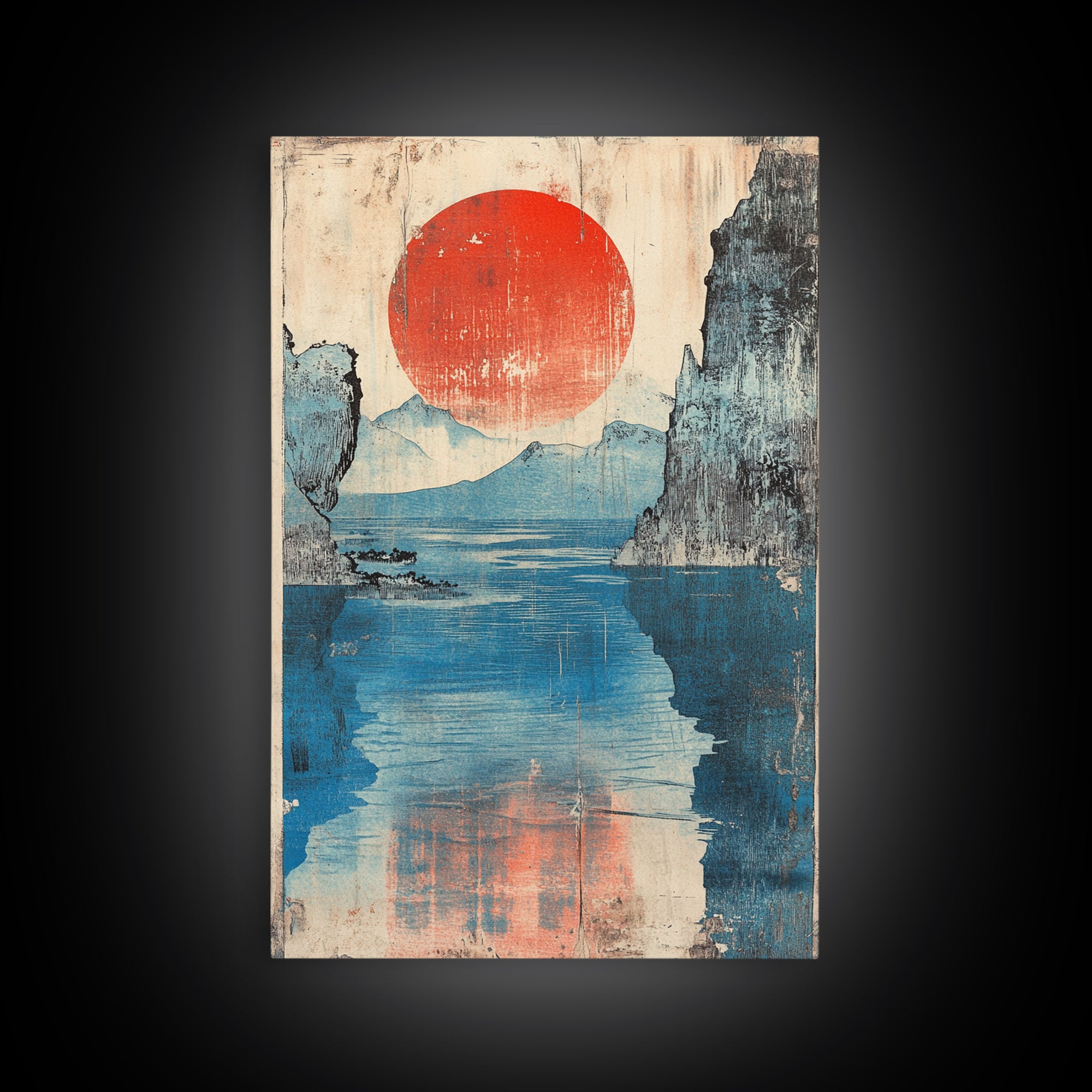 Red Sun Blue Mountain Lake Wall Art, Japanese Woodblock Style Canvas Print, Calm Coastal Landscape Decor For Living Room