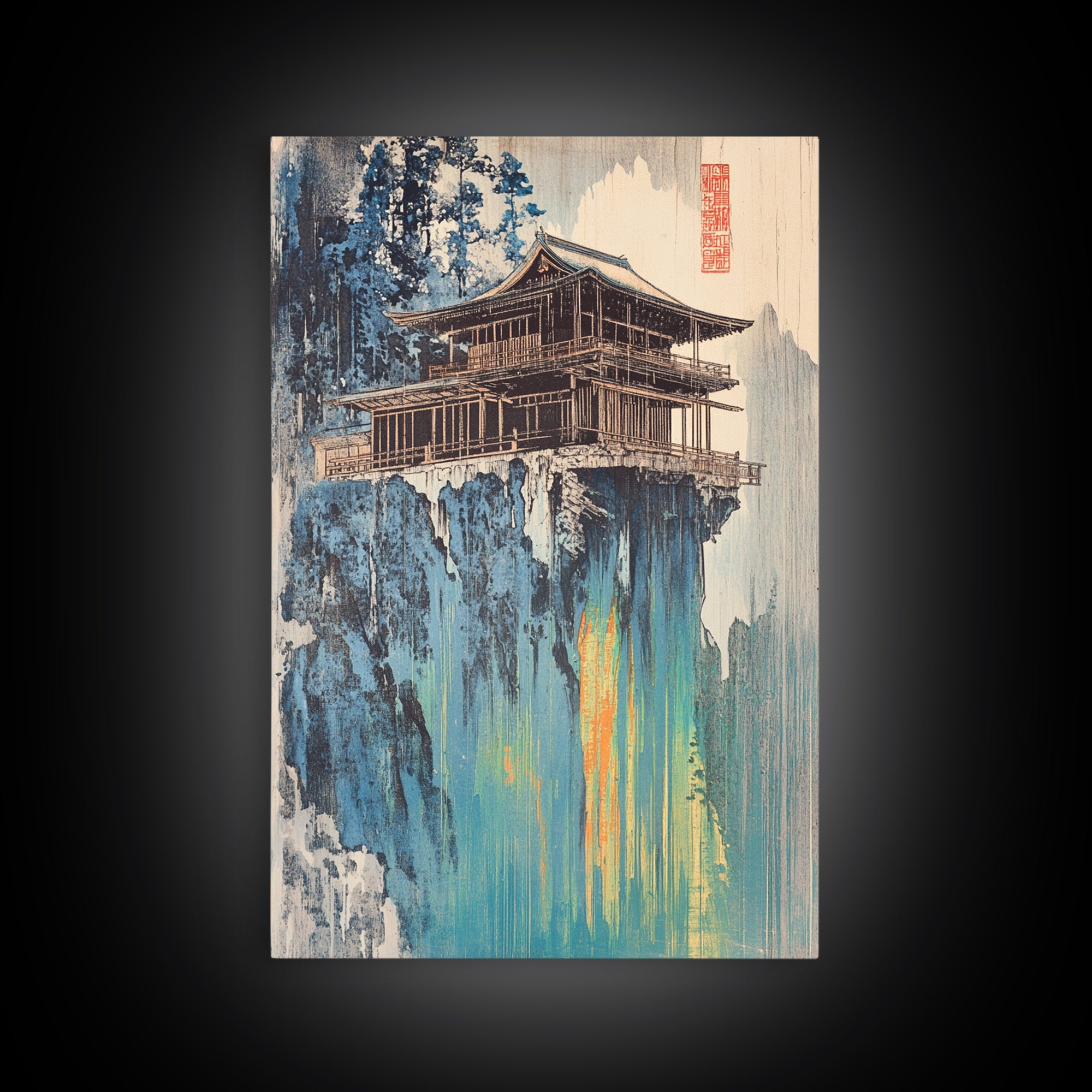 Cliffside Pagoda Temple Wall Art, Asian Mountain Landscape Canvas Print, Japandi Zen Decor, Statement Artwork For Home Decor