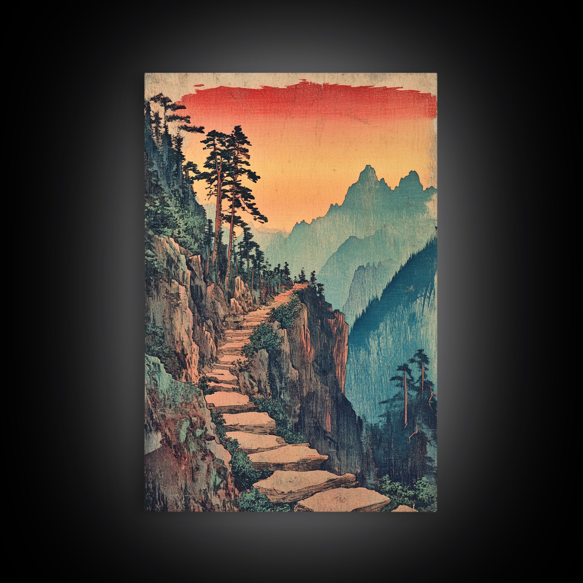 Sunset Mountain Path Pine Forest Wall Art, Japanese Woodblock Landscape Canvas Print, Rustic Nature Decor For Living Room
