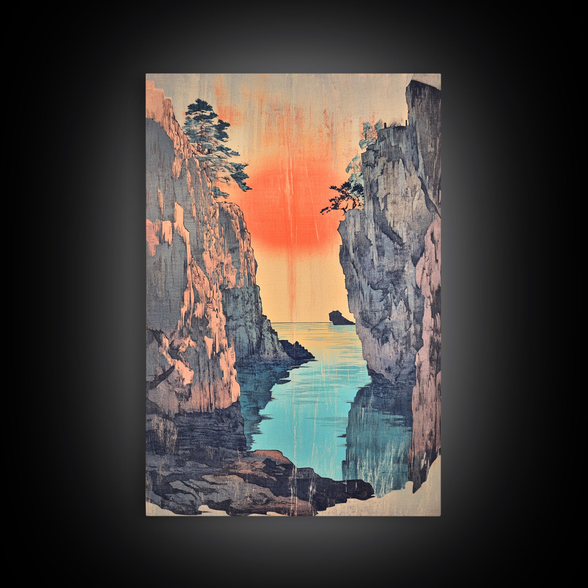 Sunset Sea Canyon Between Cliffs Framed Canvas Print, Japanese Wall Art, Coastal Landscape Poster, Ocean Decor Gift For Her
