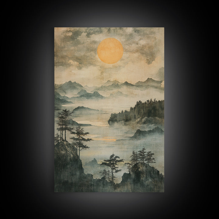 Misty Mountain Lake With Golden Sun Wall Art, Japanese Landscape Canvas Print, Serene Forest Decor, Japandi Home Decor Gift