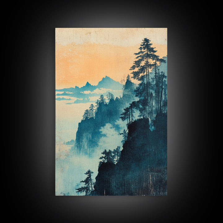 Blue Mist Forested Cliffs At Dawn Canvas Print, Japanese Landscape Wall Art, Nature Wall Decor, Serene Coastal Home Decor