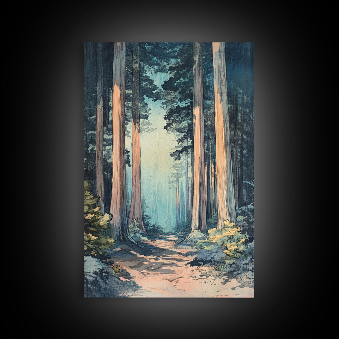 Misty Redwood Forest Path Wall Art, Tall Tree Nature Print, Moody Woodland Decor, Japandi Living Room Canvas Print For Entryway
