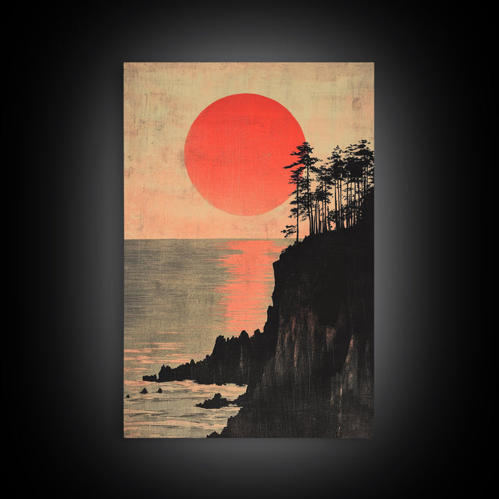 Crimson Sun Over Ocean Cliffs Wall Art, Japanese Coastal Poster, Moody Seascape Decor, Large Framed Canvas Print For Living Room