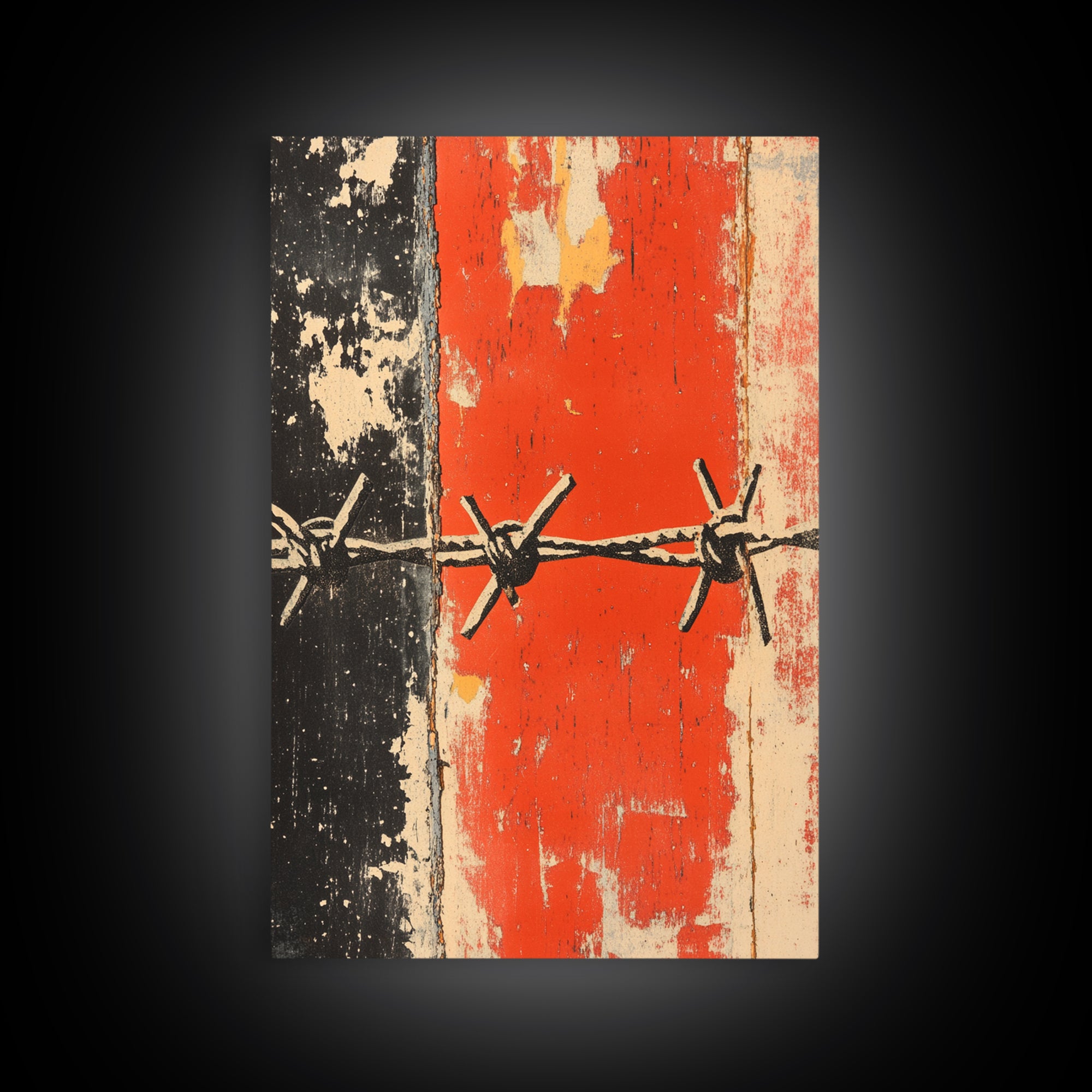 Distressed Barbed Wire On Red Black Wall Art, Industrial Abstract Poster, Edgy Rustic Decor, Modern Canvas Print For Man Cave