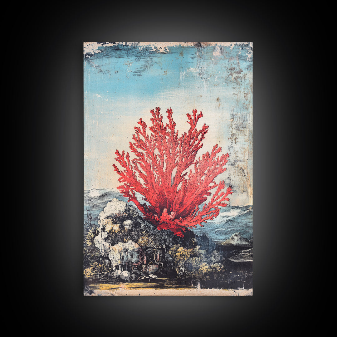 Red Sea Fan Coral On Rocks Wall Art, Coastal Ocean Botanical Print, Nautical Beach House Decor, Framed Canvas Print Gift