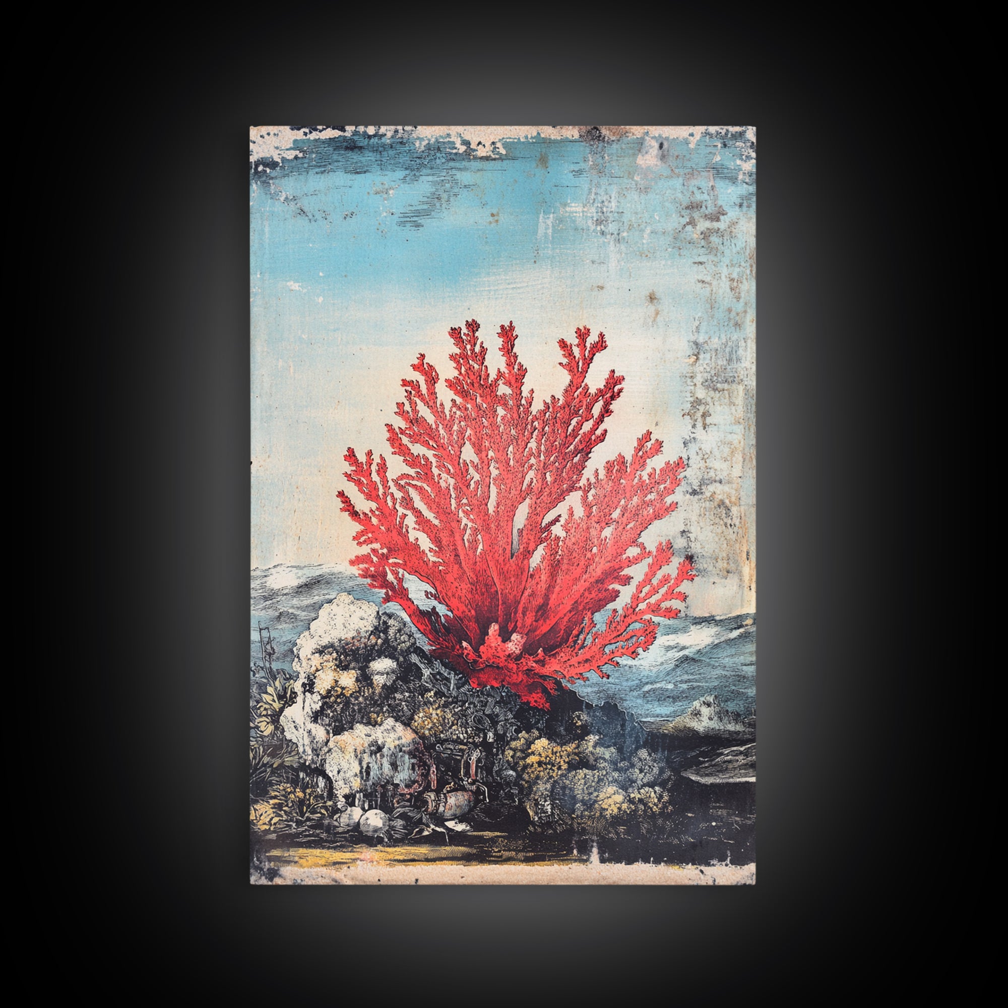 Red Sea Fan Coral On Rocks Wall Art, Coastal Ocean Botanical Print, Nautical Beach House Decor, Framed Canvas Print Gift