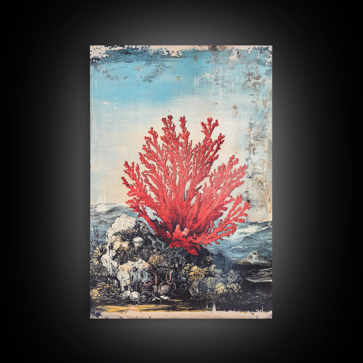 Red Sea Fan Coral On Rocks Wall Art, Coastal Ocean Botanical Print, Nautical Beach House Decor, Framed Canvas Print Gift