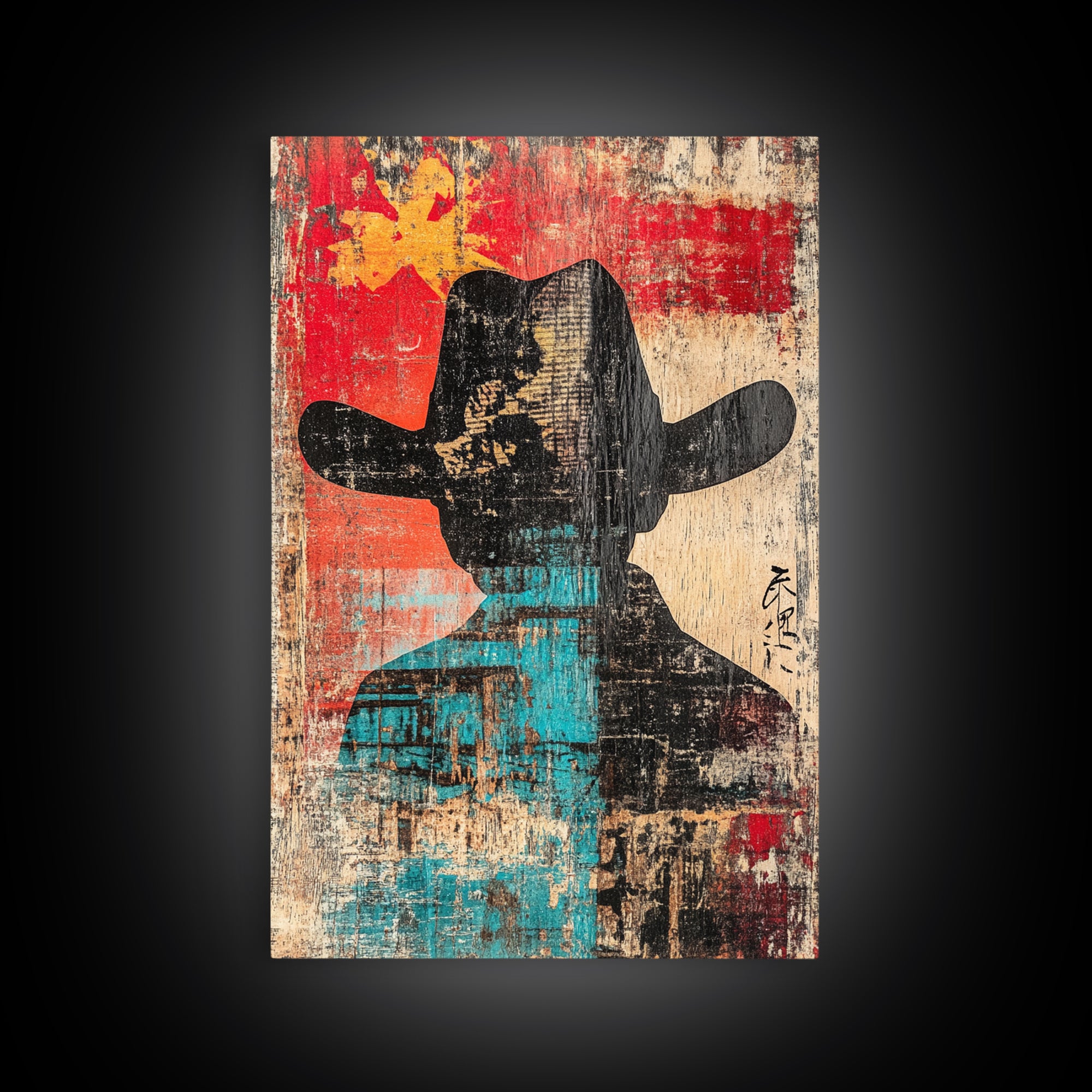 Abstract Cowboy Silhouette Wall Art, Western Canvas Print, Bold Red Teal Rustic Decor, Masculine Southwest Living Room Art