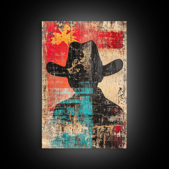 Abstract Cowboy Silhouette Wall Art, Western Canvas Print, Bold Red Teal Rustic Decor, Masculine Southwest Living Room Art
