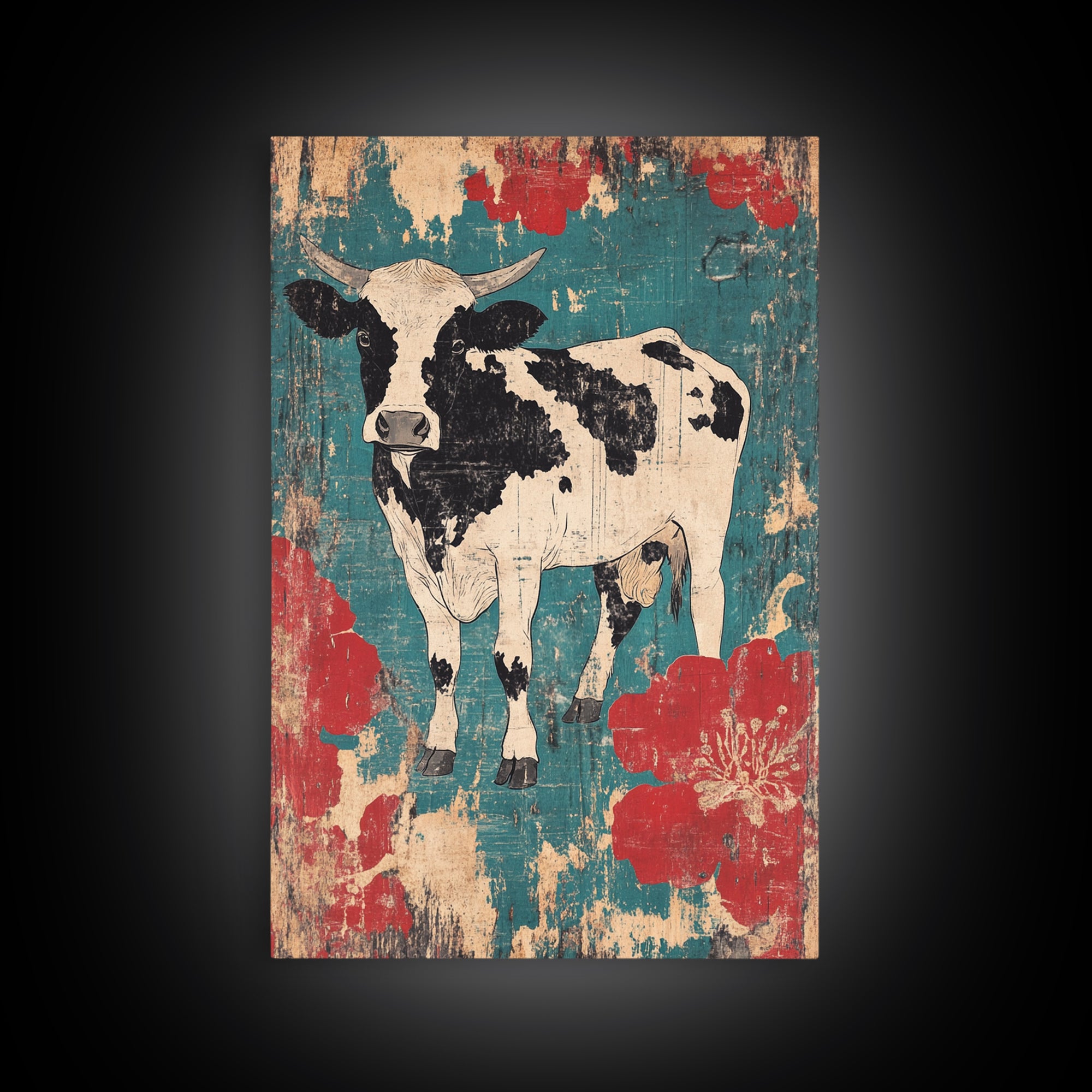 Black And White Cow Wall Art, Floral Farmhouse Canvas Print, Rustic Animal Decor, Teal Red Kitchen Living Room Art, Home Decor