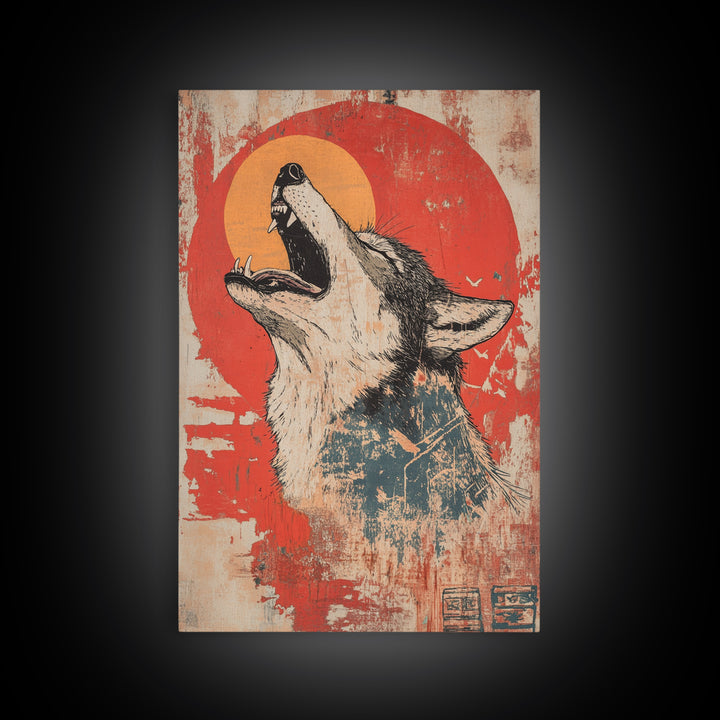 Howling Wolf Red Sun Wall Art, Rustic Wildlife Canvas Print, Southwestern Animal Decor, Moody Cabin Living Room Art Print