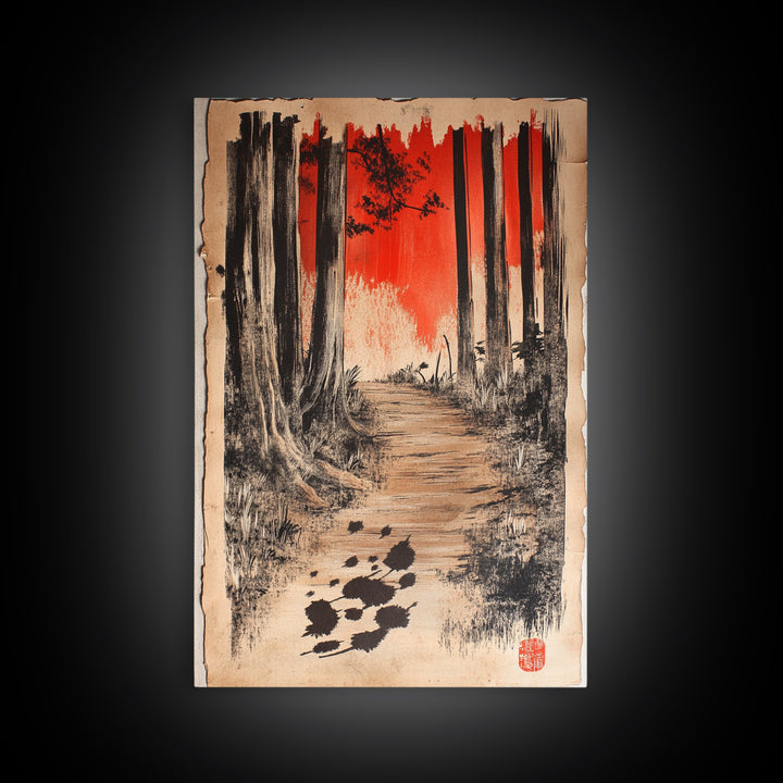 Red Sky Forest Path Wall Art, Japanese Landscape Canvas Print, Moody Woodland Decor, Nature Art For Cabin Or Office Decor