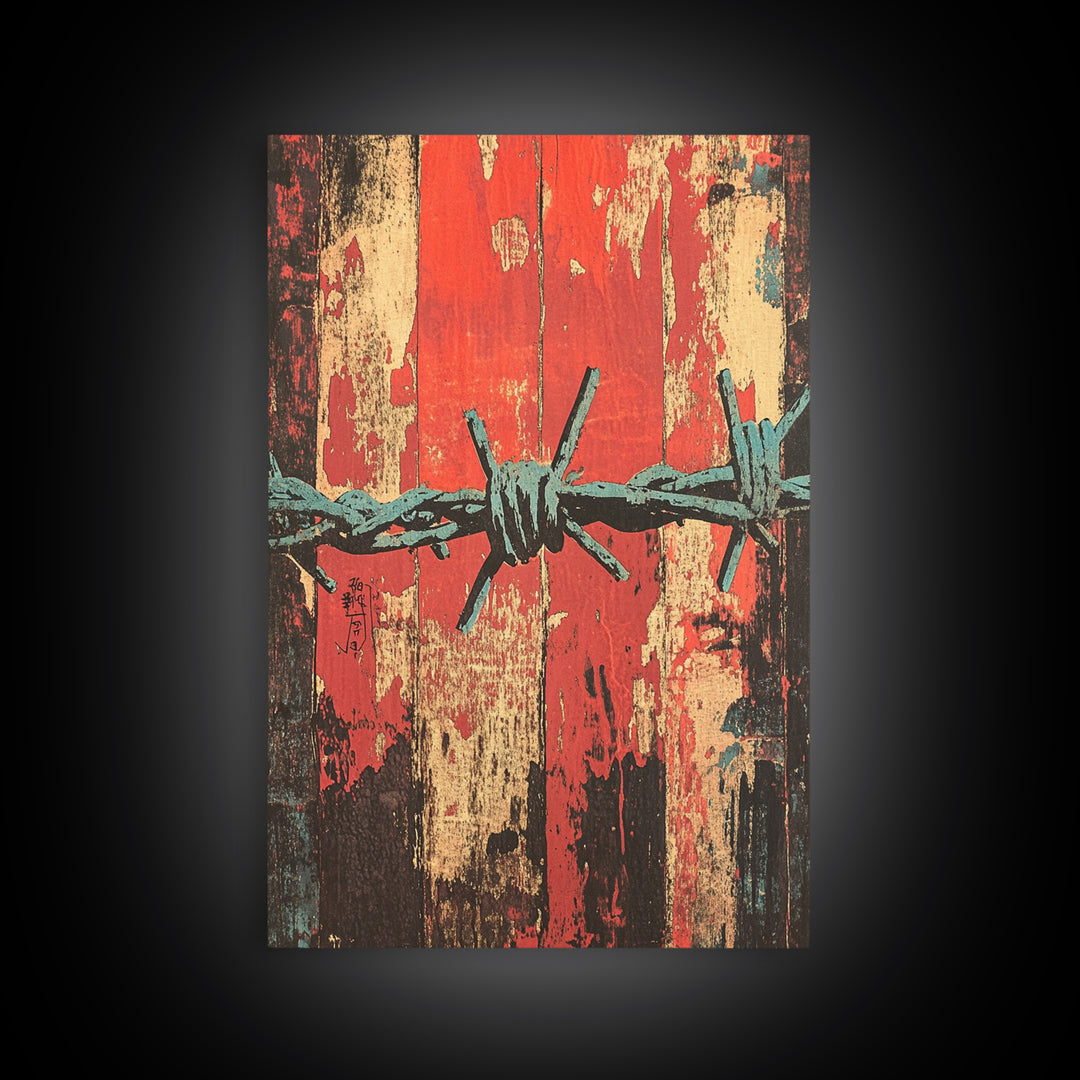 Barbed Wire Abstract Wall Art, Grunge Western Canvas Print, Red Teal Industrial Decor, Bold Rustic Statement Art For Office Decor