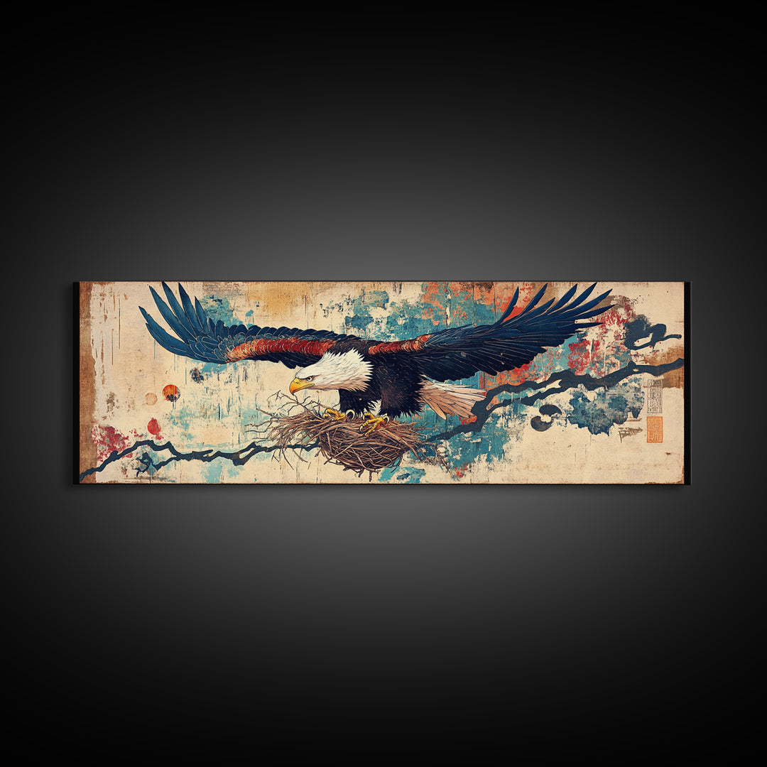 Soaring Eagle With Nest Japanese Inspired Wall Art, Panoramic Canvas Print, Asian Decor, Nature Wall Decor, Gift For Bird Lover