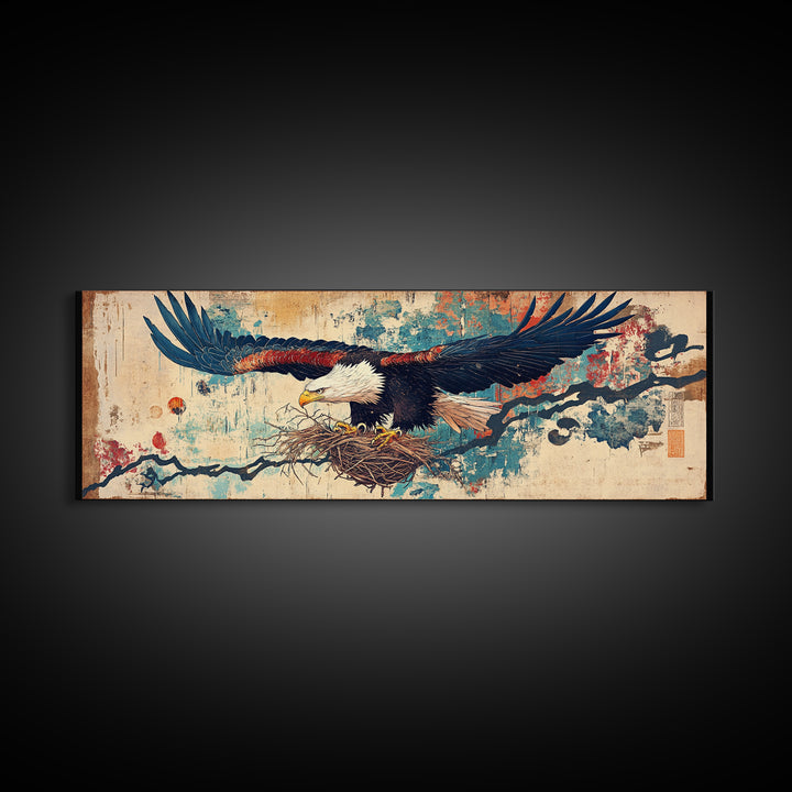 Soaring Eagle With Nest Japanese Inspired Wall Art, Panoramic Canvas Print, Asian Decor, Nature Wall Decor, Gift For Bird Lover