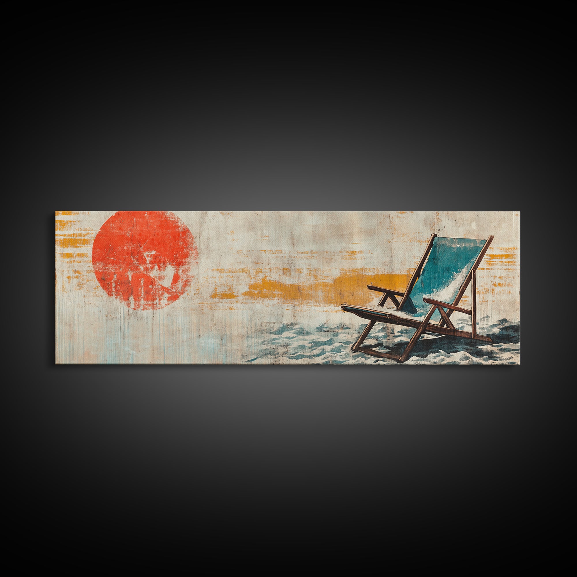 Red Sun Beach Chair Coastal Wall Art, Panoramic Canvas Print, Beach House Decor, Ocean Wall Decor, Summer Living Room Art