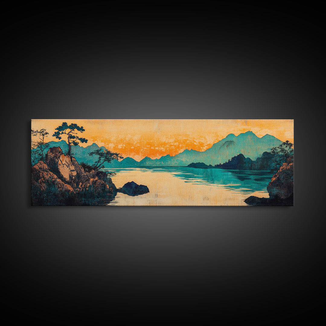 Teal Mountain Lake Japanese Landscape Wall Art, Panoramic Canvas Print, Asian Inspired Decor, Serene Living Room Decor, Housewarming Gift
