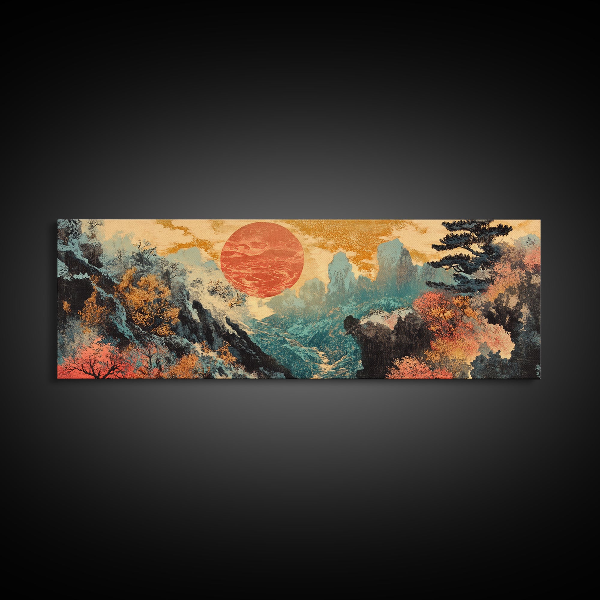 Red Sun Autumn Mountains Japanese Wall Art, Framed Canvas Print, Panoramic Landscape, Japandi Decor, Large Living Room Art
