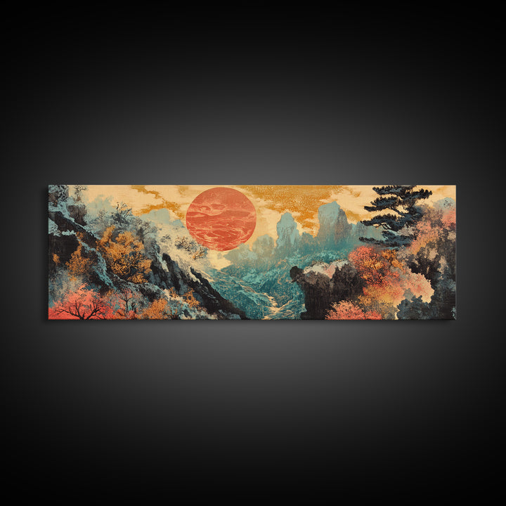 Red Sun Autumn Mountains Japanese Wall Art, Framed Canvas Print, Panoramic Landscape, Japandi Decor, Large Living Room Art