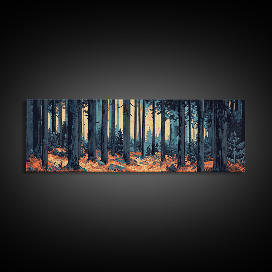 Blue Pine Forest With Orange Leaves Wall Art, Long Horizontal Canvas Print, Woodland Nature Decor, Moody Living Room Art