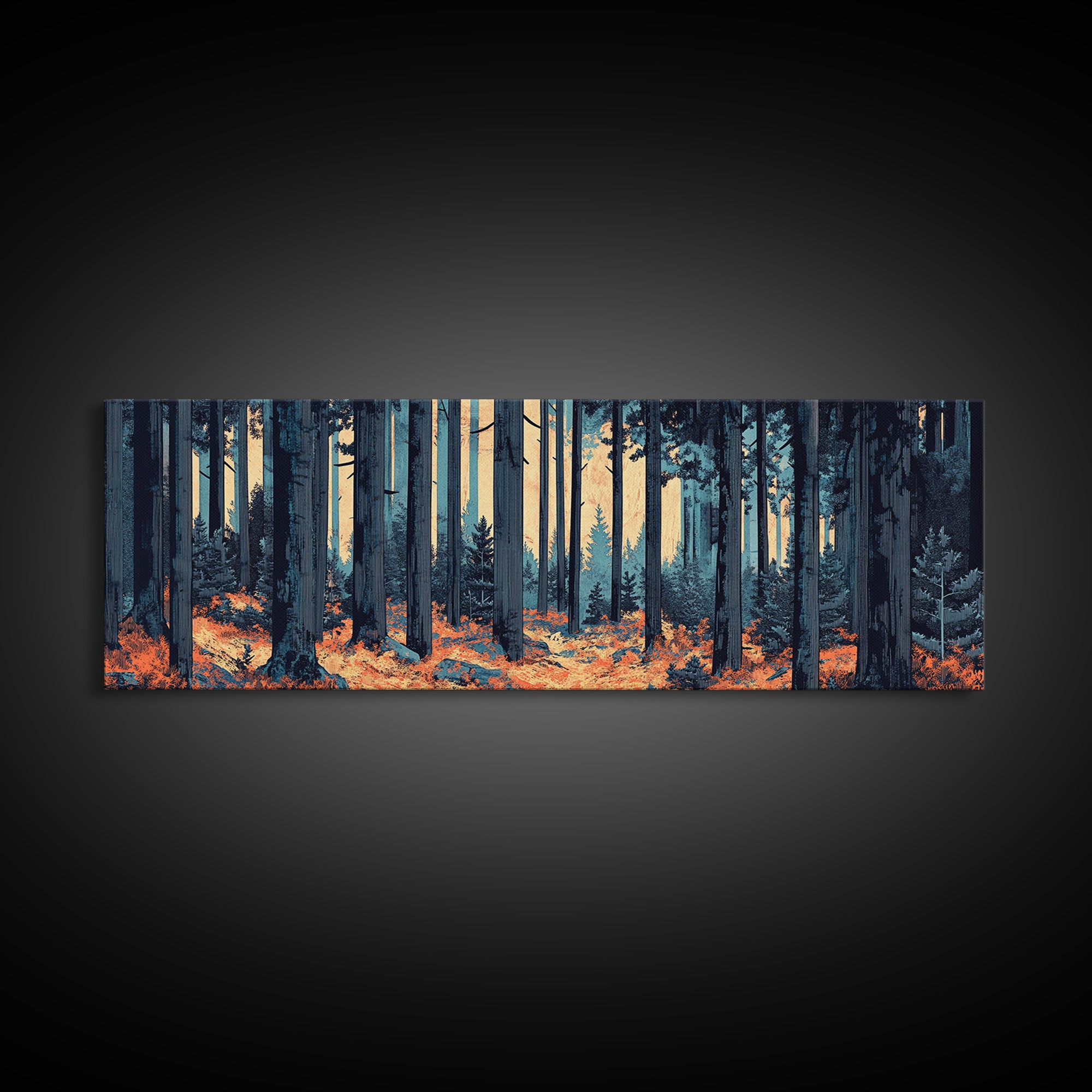 Blue Pine Forest With Orange Leaves Wall Art, Long Horizontal Canvas Print, Woodland Nature Decor, Moody Living Room Art